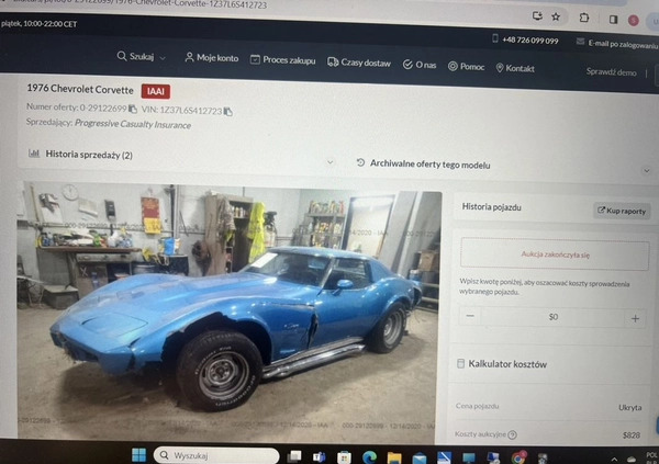 Chevrolet Corvette cena 69000 przebieg: 25000, rok produkcji 1976 z Warszawa małe 781